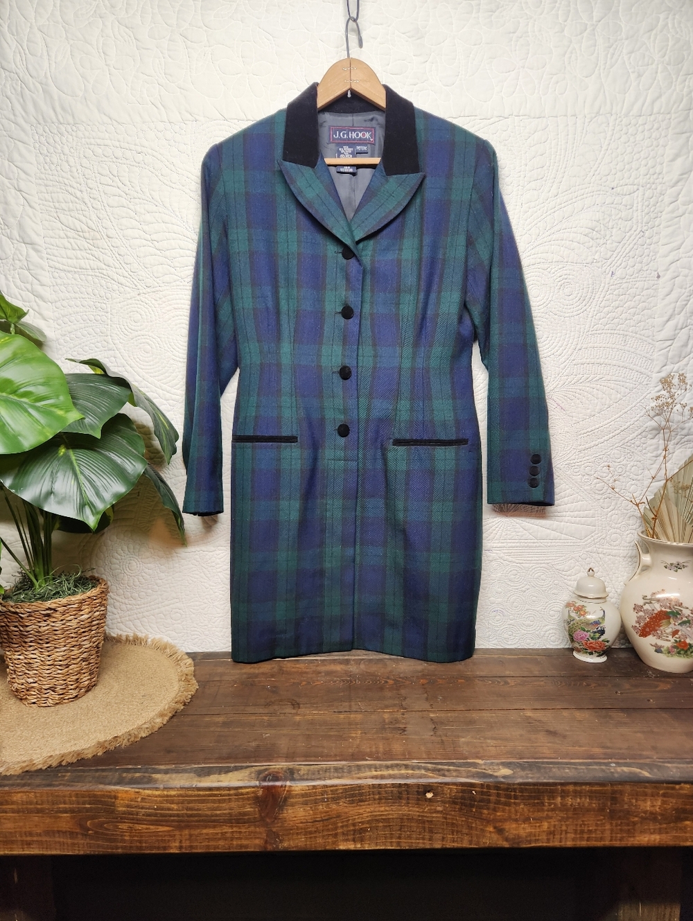 Petite Green & Navy Plaid Blazer with Black Velvet Collar